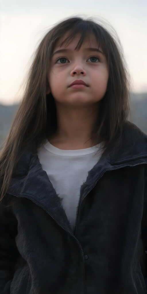 A (((full body shot))) of a beautiful young girl, wearing a sleek ((jacket)) that's open at the top, revealing a ((white t-shirt)) underneath it. The jacket is made of soft, fluffy ((black fur)) with a thin, ((brown leather trim)) and ((purple suede)) accents. She has ((long, straight soft black hair)) that reaches just past her shoulders. The girl is ((looking up at the camera)) in a softly (dusk-filled) mountain setting, with ((the stars just appearing to twinkle)) in the sky above her