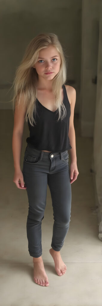 A (((full body image))) of a (((cute young babe))), age 18, with flowing (((long, white and blonde hair))), (((blue eyes))), and (((perfectly proportioned features))), dressed in a (((black thin tank top))), (((jeans pants))). The image captures her bare feet, showcasing her ((perfectly pedicured feet)). The soft, natural lighting accentuates her youthful beauty and the intricate details of her feet and legs.