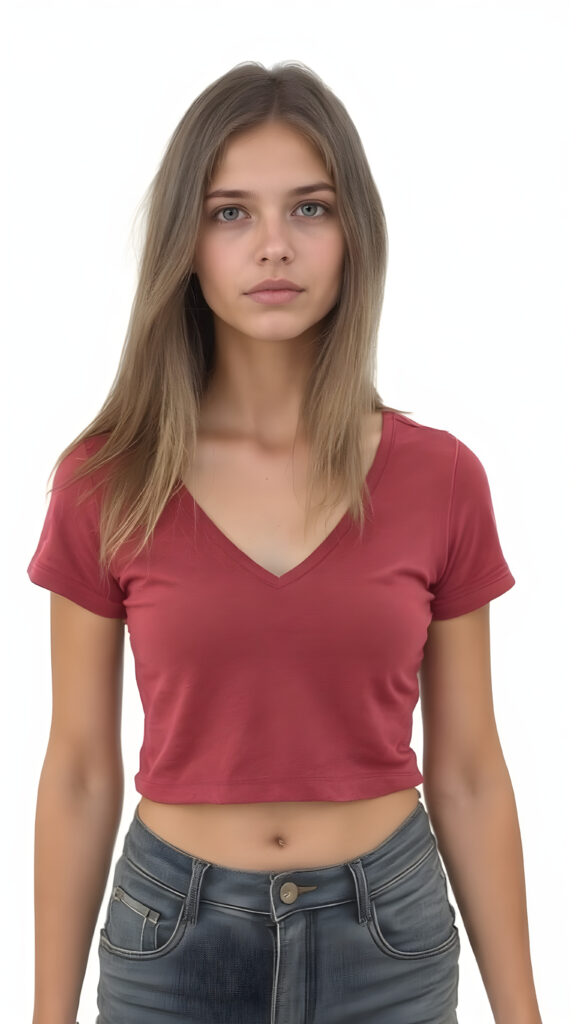 A (((full body view))) of a (((petite teen girl, stands in front of the viewer))), with a (((thin, yet shapely figure))), dressed in a ((short and cropped, tight, thin, V-neck cotton tee)) and ((tattered denim jeans pants)), her seductive gaze meets the viewer’s eye, exuding a sense of (extreme realism), long light brown straight hair falls over her entire body. Her focus on the viewer’s face captures the essence of a perfect female body, with intricate details that make her look truly breathtaking, against a (((pure white backdrop)))