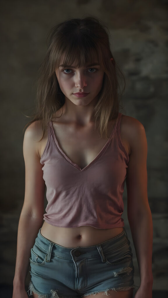 A (((full body view))) of a (((petite teen girl))), with a (((thin, yet shapely figure))), dressed in a ((short, tight, thin, V-neck cotton tee)) and ((tattered shorts)), standing in a (dimly lit space) where her seductive gaze meets the viewer's eye, exuding a sense of (extreme realism). Her focus on the viewer's face captures the essence of a perfect female body, with intricate details that make her look truly breathtaking