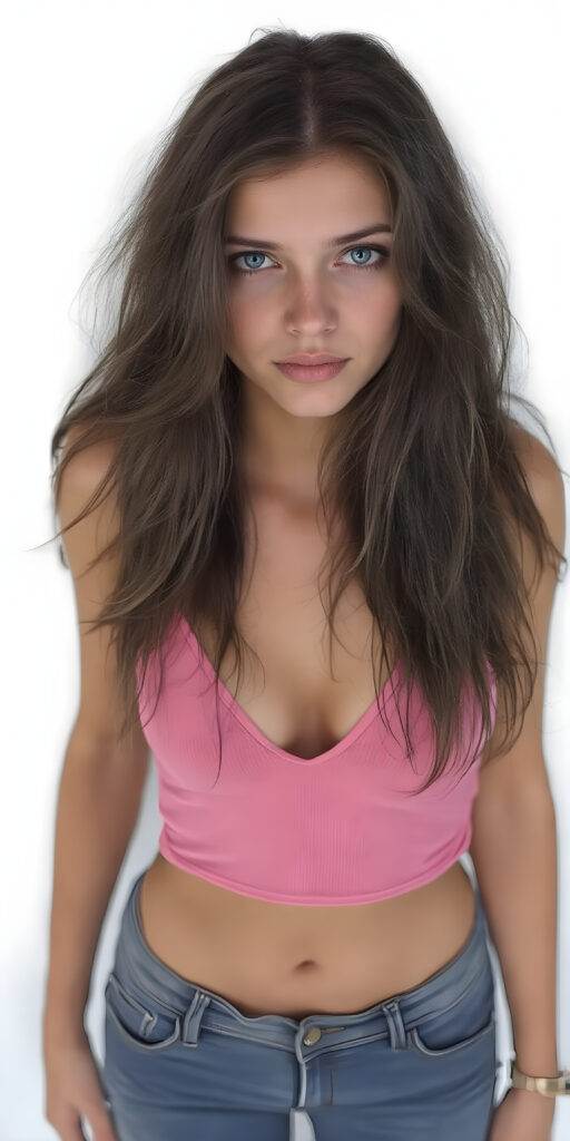 A (((full body image))) of a (((provocative dressed well busty teen girlie))), with (((long, flowing black hair))), (((blue eyes))), and (((perfectly proportioned features))), dressed in a (((pink thin tank top, deep v-neck))), (((short jeans pants))). The soft, natural lighting accentuates her youthful beauty and the intricate details of her feet and legs, stands in front of the viewer, white backdrop