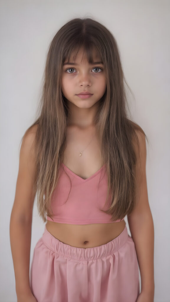 A (((full body shot))) of a (((super sweet and adorable girl))) with long, ((straight silk-smooth hair)) in a (deep v-neck) pink crop top, and (tapered, flowing silky pants) that convey a sense of (softness and elegance). Her complexion is (light brown), with (palely beautiful skin) that exudes a (healthy glow). Her expression is one of pure (cuteness) and she stands in a (softly backlit) position, facing the viewer with a (flawlessly smooth and detailed texture) that gives off a (fantastical, surrealistic atmosphere) reminiscent of a (fine art photograph)