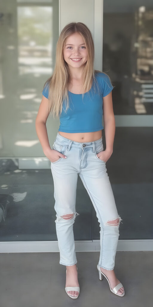 A (((full-body shot))) of a (((gorgeously cute))) young teen girl, with flowing, (((straight blonde hair))) and (((pale skin))), dressed in a (((blue, cropped top and matching, light blue and white torn denim jeans pants))), accessorizing with (((elegant, white, open toe heels))). She's posed confidently, with a warm smile directed at the viewer.