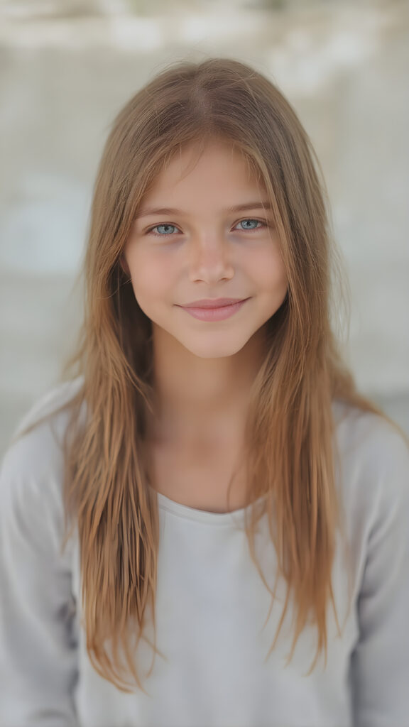 A (((full-body photograph))), with a slightly turned head, capturing a young girl with long, straight red soft hair and (almond skin) that exudes a (natural, almost translucent quality). She wears a light grey shirt, her lips are a (bright, furtive smile) that complements her face, which has a (tanned, almost white hue) that gives off an (extremely detailed, hyper-realistic glow). She wears a (soft, light-colored, airy, thin silk gown) that emphasizes her (extremely slim, hourglass figure). The picture is taken outdoors at a (very high resolution, 8K) level of detail and color quality that suggests (extreme clarity and extreme detail of the skin and its textures)