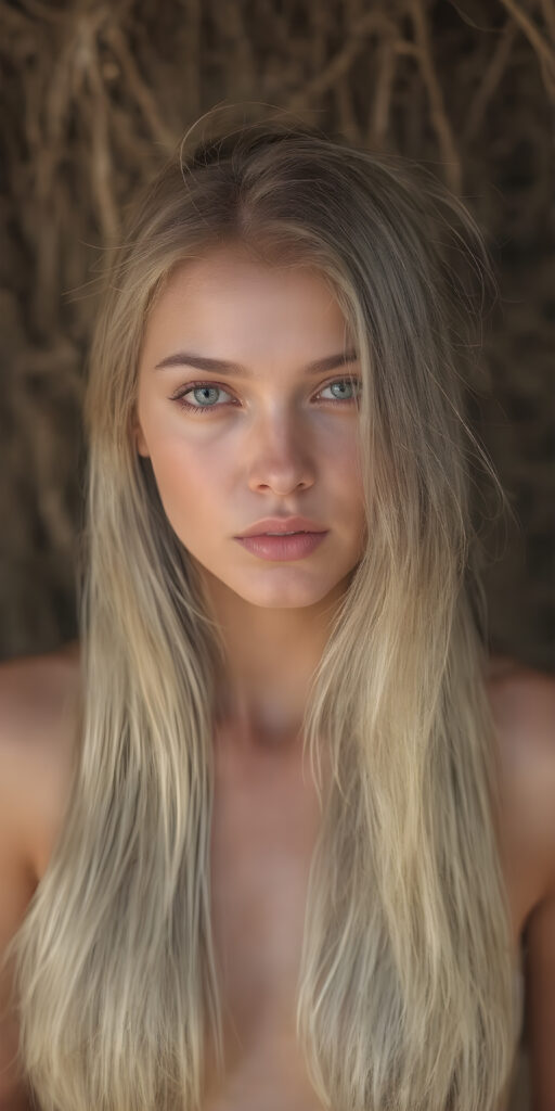 A (((full body image))) of a (((power girl))) with (((long, straight, thick, untucked natural white golden blonde hair))), framed by her (((natural skin))), which blends seamlessly into a (((softly detailed, intricate outdoor background))), capturing an (((8K resolution, ultra high definition image))), with a (((full color palette))), evoking a sense of (((hyperrealism))). The scene is highly detailed, with (((optical patterns and texture at the edge of her hair))) that mimic the look of natural light catching on her skin, giving off a glowing (((golden, warm glow))) that emphasizes her as an outdoor powerhouse