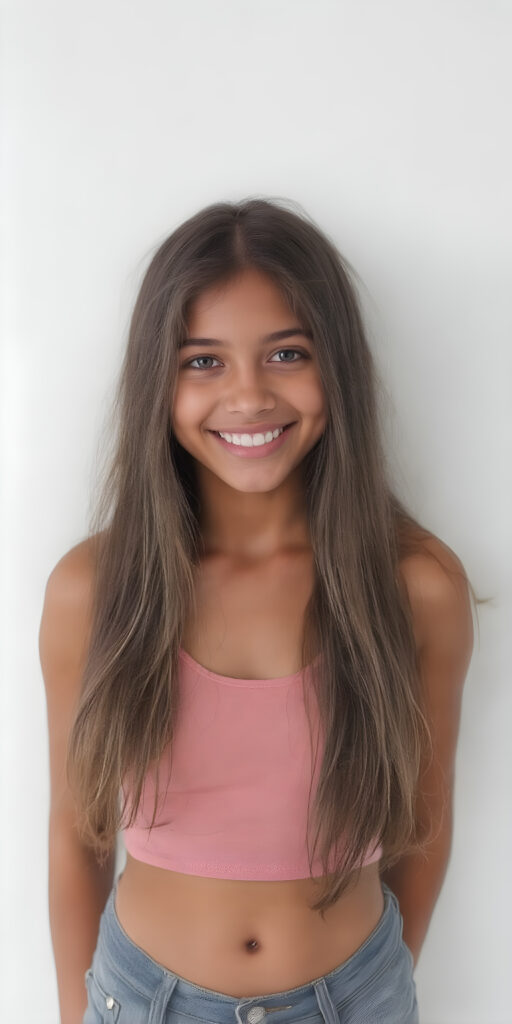 A (((full body portrait))), with intricate details, capturing a (((beautiful young Exotic teen girl))) standing confidently in front of a (plain white wall), looking directly at the viewer. Her attire is a very short ((cotton crop top)), with the sleeves cut off, and she wears a tight ((short denim jean shorts)). Her (skin is brown), with a (moderately imperfect complexion) that exudes an air of youthful confidence. Her (long, thick brown hair) cascades down her back in a (soft, gentle cascade). She's (smiling happily)), with (perfect, naturally white teeth) that exude an air of youthful vibrancy. Captured in a (very high resolution, 8K photograph) that exudes an (extremely fine detail) on her face and throughout the scene