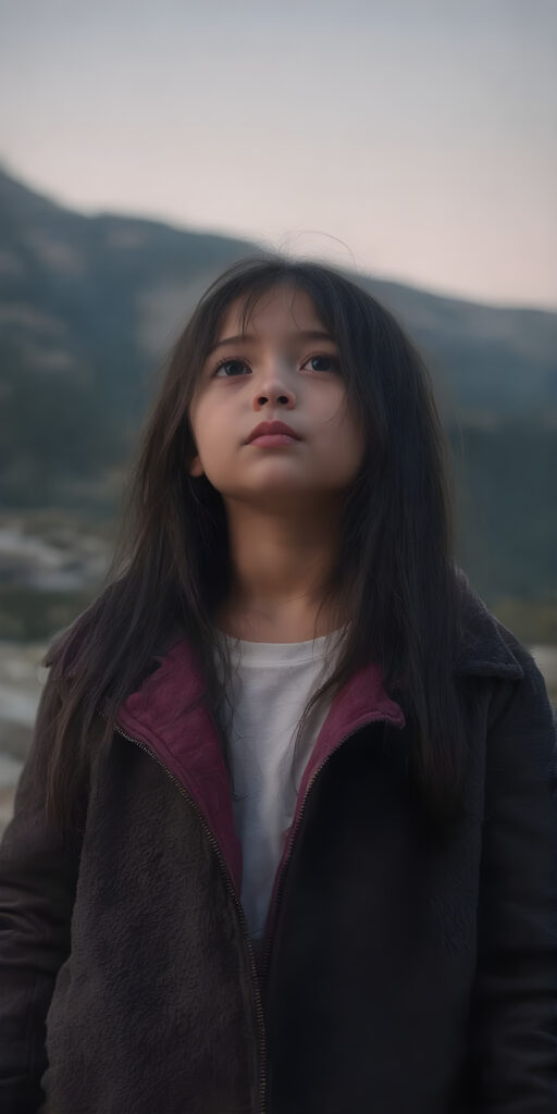 A (((full body shot))) of a beautiful young girl, wearing a sleek ((jacket)) that's open at the top, revealing a ((white t-shirt)) underneath it. The jacket is made of soft, fluffy ((black fur)) with a thin, ((brown leather trim)) and ((purple suede)) accents. She has ((long, straight soft black hair)) that reaches just past her shoulders. The girl is ((looking up at the camera)) in a softly (dusk-filled) mountain setting, with ((the stars just appearing to twinkle)) in the sky above her