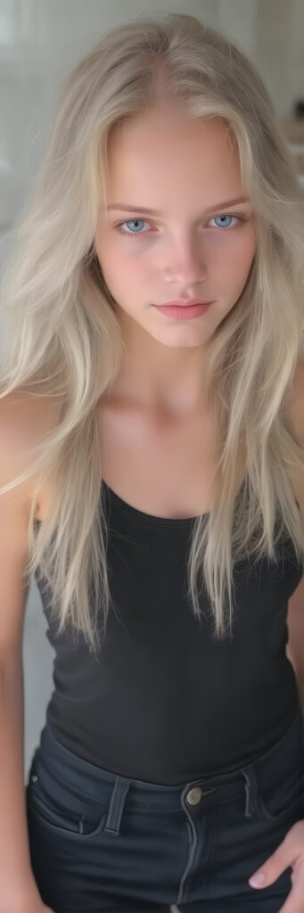 A (((full body image))) of a (((cute young babe))), age 18, with flowing (((long, white and blonde hair))), (((blue eyes))), and (((perfectly proportioned features))), dressed in a (((black thin tank top))), (((jeans pants))). The image captures her bare feet, showcasing her ((perfectly pedicured feet)). The soft, natural lighting accentuates her youthful beauty and the intricate details of her feet and legs.