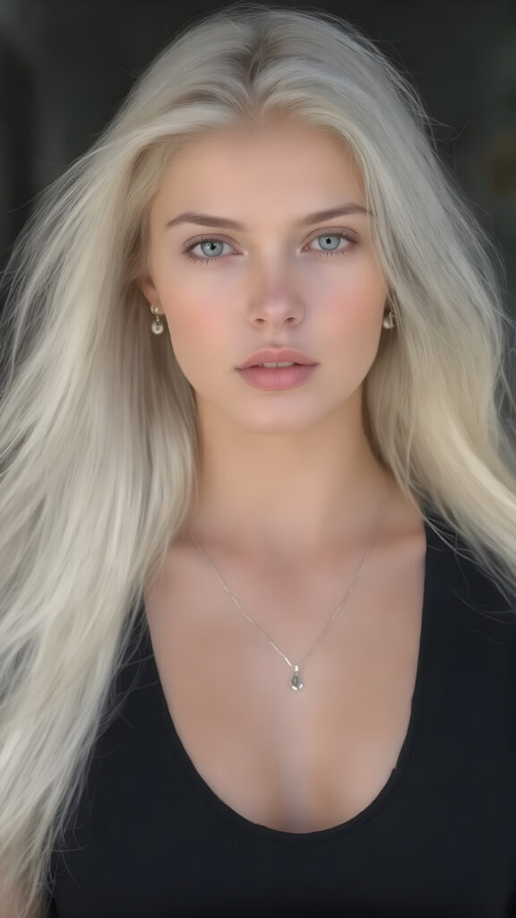 A (((full body))) (((beautiful young girl))), with flowing, ((very long)), white hair and (pale, white skin), that exudes an air of youthful beauty. Her face is (heart shaped) with (large, symmetrically placed eyes) and (smooth, soft skin). She's dressed in a (((tight, sleek black top))), paired with (skintight, form-fitting jeans) and accessorised with a (thin, (diamond-shaped) necklace and matching, elegant earrings). Her posture is (stunningly beautiful), with a (perfect, toned body) that exudes an air of irresistible allure