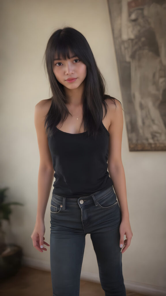 A (((full body shot))) of a (((beautiful Asian Vietnamese teenage girl))), a (((straight black soft hair model with exquisite features))), with brown eyes and (((a perfectly round face))) that exudes realism at an 8K resolution. Her (((upper body))), defined by a sleek, luxurious (((black suede tank top))), is proportioned flawlessly against her (((skin tight jeans and short, black high heels))), accentuating her (((perfectly proportioned figure))) with a (realistically detailed, dimly lit backdrop) that showcases her (((full body))) in a (highly detailed, hyper realistic) light