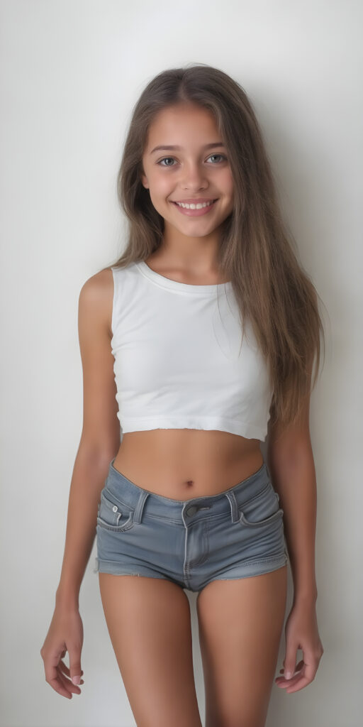A (((full body portrait))), with intricate details, capturing a (((beautiful young Exotic teen girl))) standing confidently in front of a (plain white wall), looking directly at the viewer. Her attire is a very short ((cotton crop top)), with the sleeves cut off, and she wears a tight ((short denim jean shorts)). Her (skin is brown), with a (moderately imperfect complexion) that exudes an air of youthful confidence. Her (long, thick brown hair) cascades down her back in a (soft, gentle cascade). She's (smiling happily)), with (perfect, naturally white teeth) that exude an air of youthful vibrancy. Captured in a (very high resolution, 8K photograph) that exudes an (extremely fine detail) on her face and throughout the scene