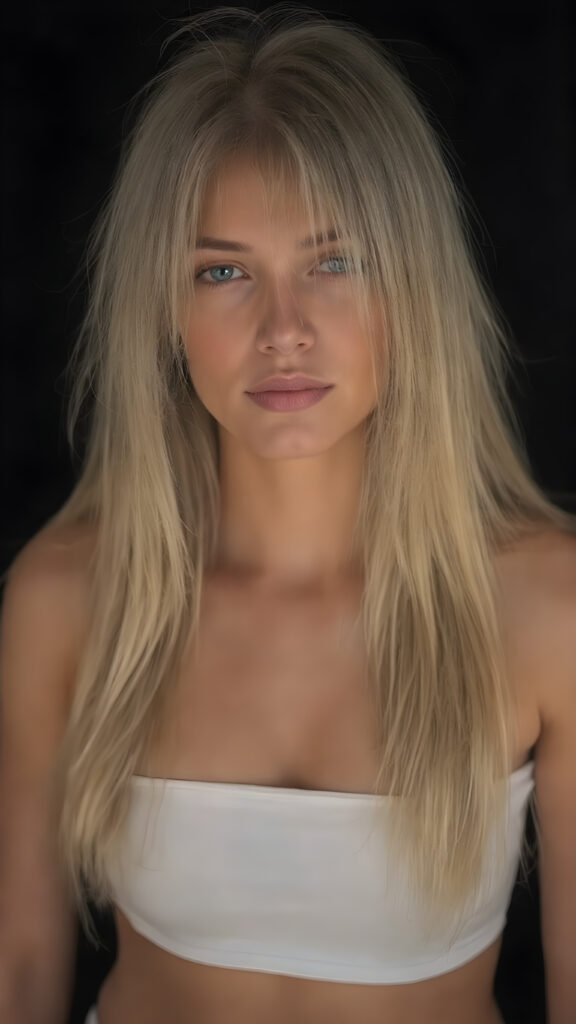 A (((full body view))), (((straight, long, thick, untucked natural white golden blonde hair))), which frames her ((slender, athletic, yet softly proportioned figure)), with a ((white off-the-shoulder crop top)) and ((realistic, detailed skin)), that complements her ((natural, warm tones)), and a ((black, empty backdrop)), in a ((cinematic warm tone) lighting) that highlights her face and hair, suggesting a (high-quality, professional lighting) on a (super-realistic, high-resolution set)