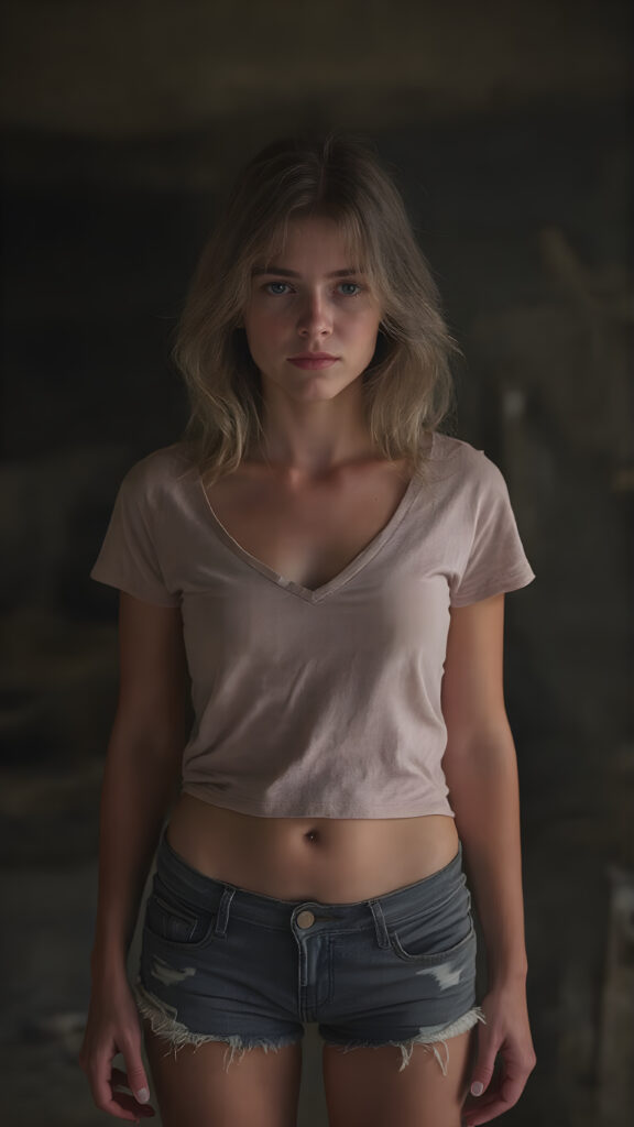 A (((full body view))) of a (((petite teen girl))), with a (((thin, yet shapely figure))), dressed in a ((short, tight, thin, V-neck cotton tee)) and ((tattered shorts)), standing in a (dimly lit space) where her seductive gaze meets the viewer's eye, exuding a sense of (extreme realism). Her focus on the viewer's face captures the essence of a perfect female body, with intricate details that make her look truly breathtaking