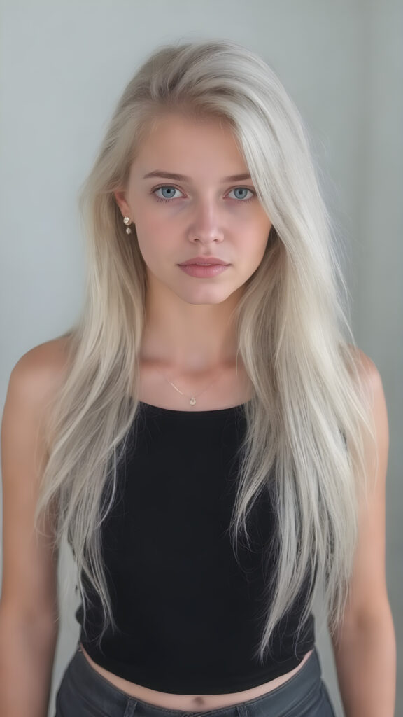 A (((full body))) (((beautiful young girl))), with flowing, ((very long)), white hair and (pale, white skin), that exudes an air of youthful beauty. Her face is (heart shaped) with (large, symmetrically placed eyes) and (smooth, soft skin). She's dressed in a (((tight, sleek black top))), paired with (skintight, form-fitting jeans) and accessorised with a (thin, (diamond-shaped) necklace and matching, elegant earrings). Her posture is (stunningly beautiful), with a (perfect, toned body) that exudes an air of irresistible allure