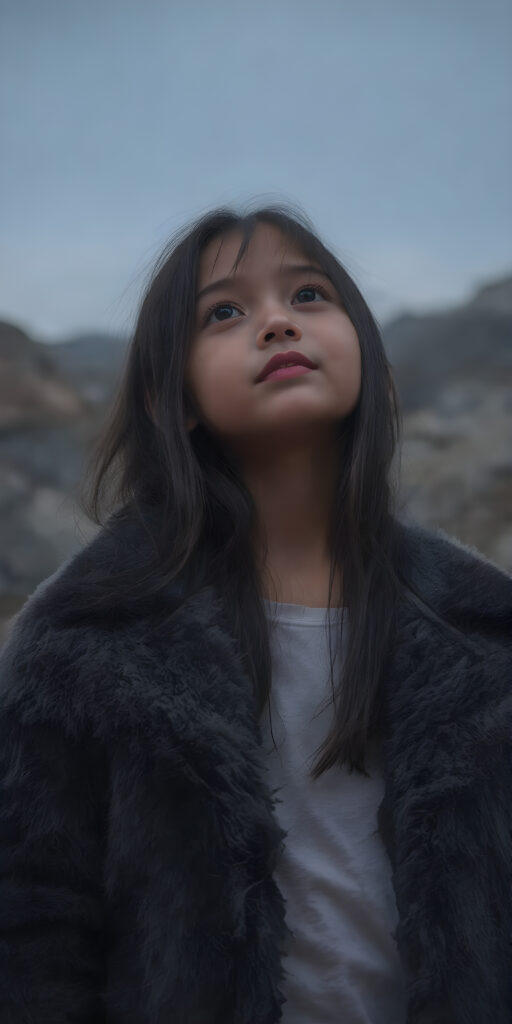 A (((full body shot))) of a beautiful young girl, wearing a sleek ((jacket)) that's open at the top, revealing a ((white t-shirt)) underneath it. The jacket is made of soft, fluffy ((black fur)) with a thin, ((brown leather trim)) and ((purple suede)) accents. She has ((long, straight soft black hair)) that reaches just past her shoulders. The girl is ((looking up at the camera)) in a softly (dusk-filled) mountain setting, with ((the stars just appearing to twinkle)) in the sky above her