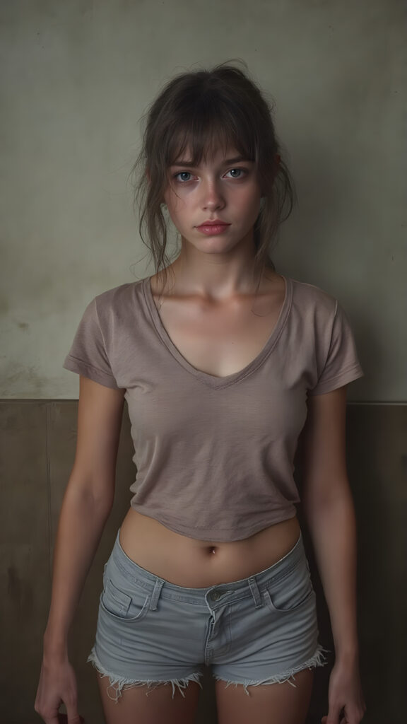 A (((full body view))) of a (((petite teen girl))), with a (((thin, yet shapely figure))), dressed in a ((short, tight, thin, V-neck cotton tee)) and ((tattered shorts)), standing in a (dimly lit space) where her seductive gaze meets the viewer's eye, exuding a sense of (extreme realism). Her focus on the viewer's face captures the essence of a perfect female body, with intricate details that make her look truly breathtaking