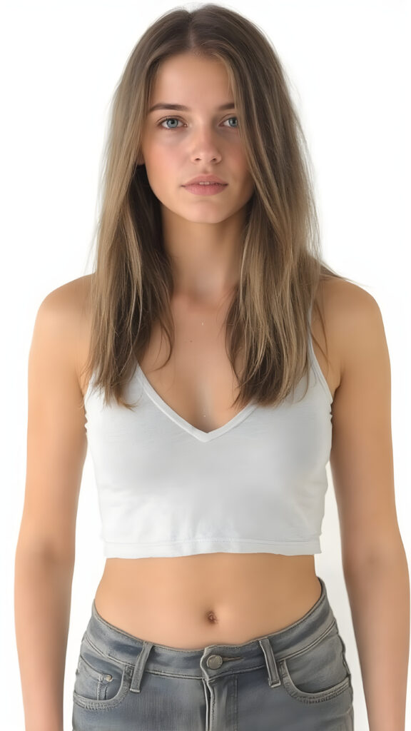 A (((full body view))) of a (((petite teen girl, stands in front of the viewer))), with a (((thin, yet shapely figure))), dressed in a ((short and cropped, tight, thin, V-neck cotton tee)) and ((tattered denim jeans pants)), her seductive gaze meets the viewer’s eye, exuding a sense of (extreme realism), long light brown straight hair falls over her entire body. Her focus on the viewer’s face captures the essence of a perfect female body, with intricate details that make her look truly breathtaking, against a (((pure white backdrop)))