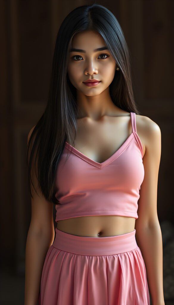 A (((full body shot))) of a (((super sweet and adorable adult petite Arab teen girl))) ((straight smooth obsidian black hair)) in a (deep v-neck) pink cropped tank top, and (tapered skirt) that convey a sense of (softness and elegance). Her complexion is (light brown), with (palely beautiful skin) that exudes a (healthy glow). She has a cute round belly button. Her expression is one of pure (cuteness) and she stands in a (softly backlit) position, facing the viewer with a (flawlessly smooth and detailed texture) that gives off a (fantastical, surrealistic atmosphere) reminiscent of a (fine art photograph)