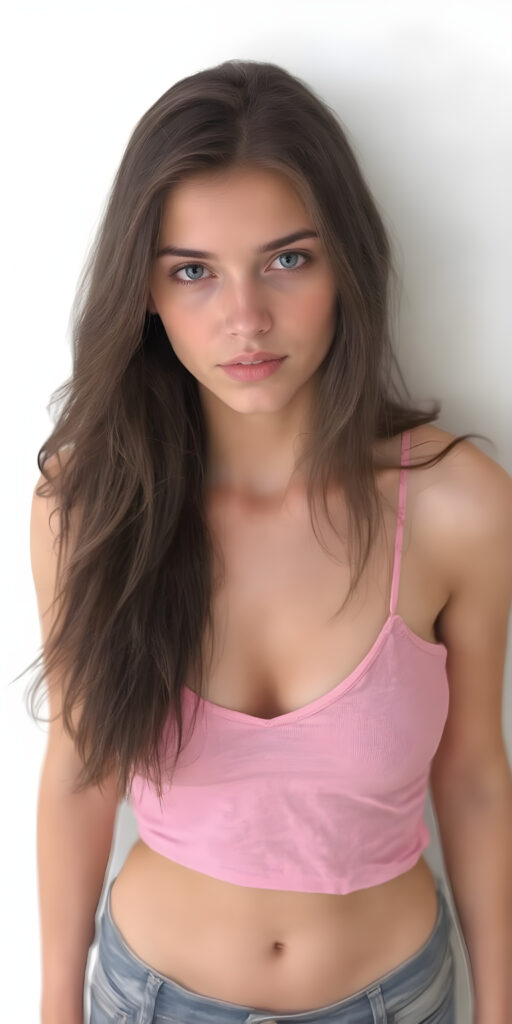 A (((full body image))) of a (((provocative dressed well busty teen girlie))), with (((long, flowing black hair))), (((blue eyes))), and (((perfectly proportioned features))), dressed in a (((pink thin tank top, deep v-neck))), (((short jeans pants))). The soft, natural lighting accentuates her youthful beauty and the intricate details of her feet and legs, stands in front of the viewer, white backdrop