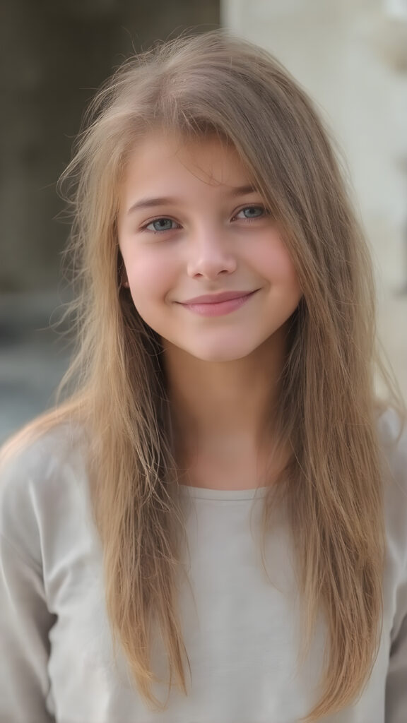 A (((full-body photograph))), with a slightly turned head, capturing a young girl with long, straight red soft hair and (almond skin) that exudes a (natural, almost translucent quality). She wears a light grey shirt, her lips are a (bright, furtive smile) that complements her face, which has a (tanned, almost white hue) that gives off an (extremely detailed, hyper-realistic glow). She wears a (soft, light-colored, airy, thin silk gown) that emphasizes her (extremely slim, hourglass figure). The picture is taken outdoors at a (very high resolution, 8K) level of detail and color quality that suggests (extreme clarity and extreme detail of the skin and its textures)