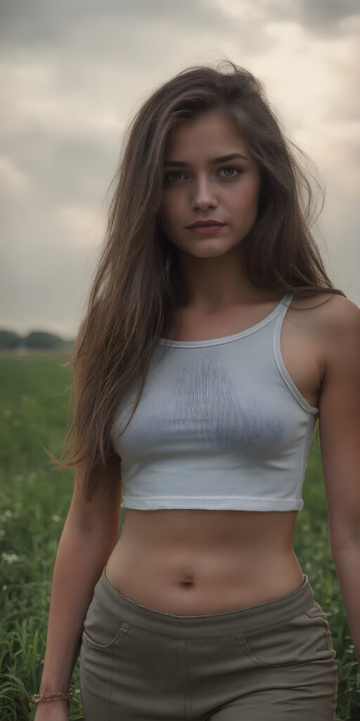 A (((full body shot))) of a (((beautiful sleek teenage girl))), with ((long, wavy dark brown hair)), and ((perfect-fit body)), dressed in a ((short cropped white tank top)), paired with a ((mini skirt)), posing confidently on a (green meadow), under a ((dark, overcast sky)) where the sun is peeking through the clouds, giving off a (dramatic, almost surreal atmosphere) that hints at an impending storm
