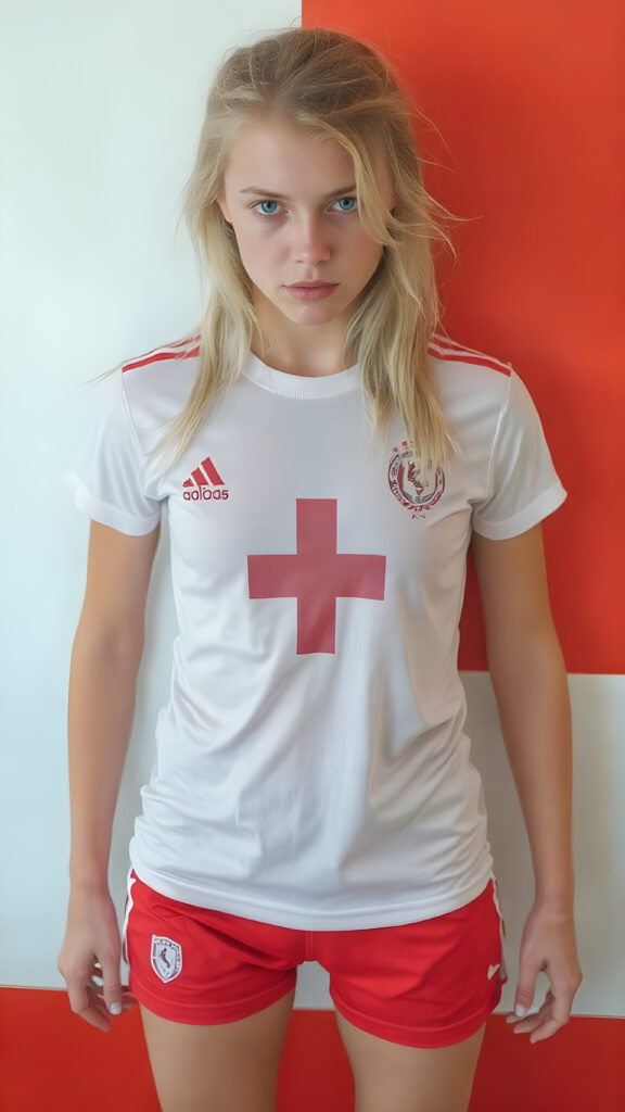 A (((full-body photograph))) featuring a (((young female soccer player))) with a ((skinny and athletic physique)), characterized by long, pointed blonde hair and (blue eyes) that convey a sense of intensity and focus on the ball, wearing a sleek, ((tight-fitting shorts)) in a classic (((red and white plus sign design))), paired with a matching ((white shirt)) with intricate ((soccer artwork)) in the center, and a distinctive (black and white stripe) down the front. The overall style is modern and stylish, reflecting the essence of an (soccer pro) with a playful yet focused expression
