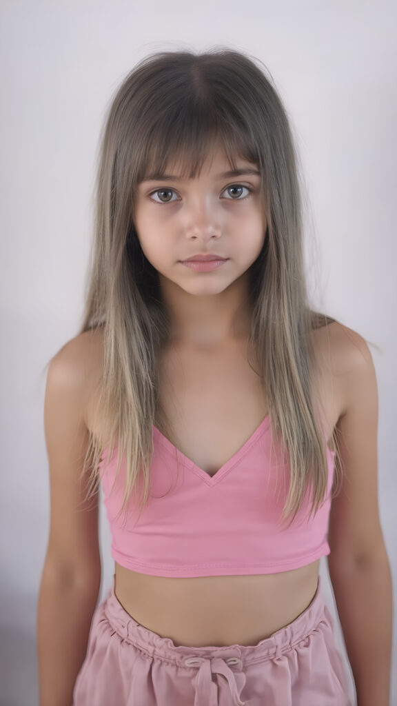 A (((full body shot))) of a (((super sweet and adorable girl))) with long, ((straight silk-smooth hair)) in a (deep v-neck) pink crop top, and (tapered, flowing silky pants) that convey a sense of (softness and elegance). Her complexion is (light brown), with (palely beautiful skin) that exudes a (healthy glow). Her expression is one of pure (cuteness) and she stands in a (softly backlit) position, facing the viewer with a (flawlessly smooth and detailed texture) that gives off a (fantastical, surrealistic atmosphere) reminiscent of a (fine art photograph)