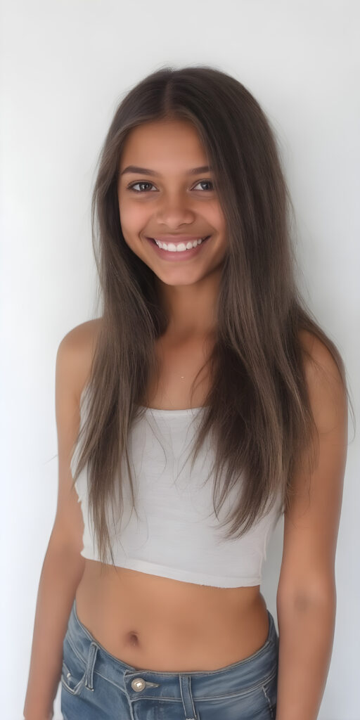 A (((full body portrait))), with intricate details, capturing a (((beautiful young Exotic teen girl))) standing confidently in front of a (plain white wall), looking directly at the viewer. Her attire is a very short ((cotton crop top)), with the sleeves cut off, and she wears a tight ((short denim jean shorts)). Her (skin is brown), with a (moderately imperfect complexion) that exudes an air of youthful confidence. Her (long, thick brown hair) cascades down her back in a (soft, gentle cascade). She's (smiling happily)), with (perfect, naturally white teeth) that exude an air of youthful vibrancy. Captured in a (very high resolution, 8K photograph) that exudes an (extremely fine detail) on her face and throughout the scene
