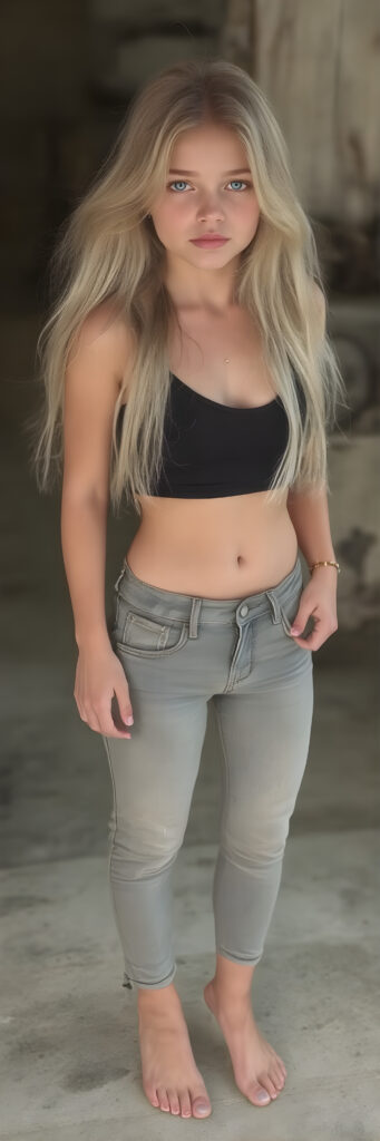 A (((full body image))) of a (((cute young babe))), age 18, with flowing (((long, white and blonde hair))), (((blue eyes))), and (((perfectly proportioned features))), dressed in a (((black thin tank top))), (((jeans pants))). The image captures her bare feet, showcasing her ((perfectly pedicured feet)). The soft, natural lighting accentuates her youthful beauty and the intricate details of her feet and legs.