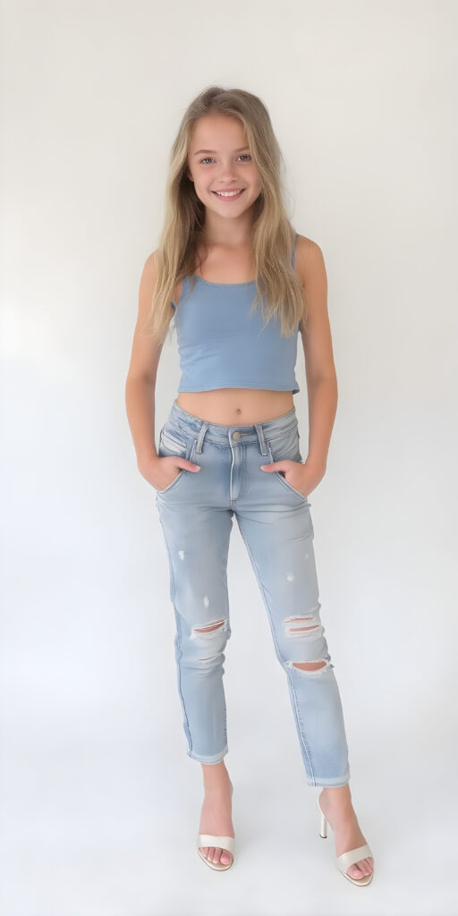 A (((full-body shot))) of a (((gorgeously cute))) young teen girl, with flowing, (((straight blonde hair))) and (((pale skin))), dressed in a (((blue, cropped top and matching, light blue and white torn denim jeans pants))), accessorizing with (((elegant, white, open toe heels))). She's posed confidently, with a warm smile directed at the viewer.