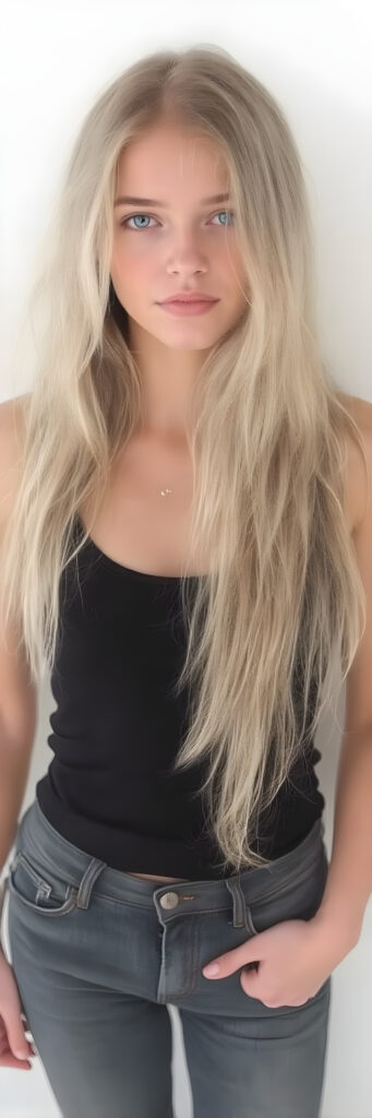 A (((full body image))) of a (((cute young babe))), age 18, with flowing (((long, white and blonde hair))), (((blue eyes))), and (((perfectly proportioned features))), dressed in a (((black thin tank top))), (((jeans pants))). The image captures her bare feet, showcasing her ((perfectly pedicured feet)). The soft, natural lighting accentuates her youthful beauty and the intricate details of her feet and legs.