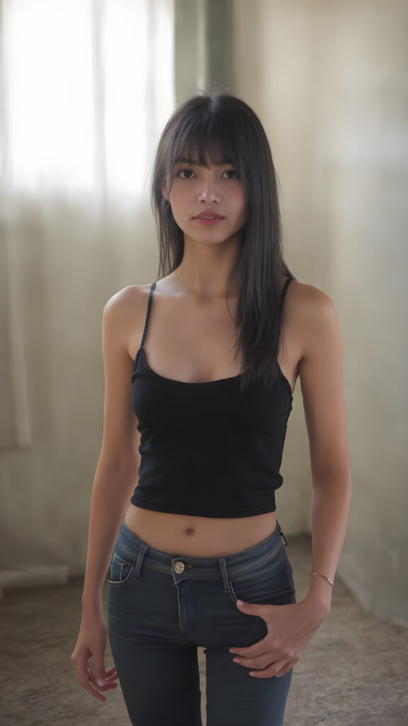 A (((full body shot))) of a (((beautiful Asian Vietnamese teenage girl))), a (((straight black soft hair model with exquisite features))), with brown eyes and (((a perfectly round face))) that exudes realism at an 8K resolution. Her (((upper body))), defined by a sleek, luxurious (((black suede tank top))), is proportioned flawlessly against her (((skin tight jeans and short, black high heels))), accentuating her (((perfectly proportioned figure))) with a (realistically detailed, dimly lit backdrop) that showcases her (((full body))) in a (highly detailed, hyper realistic) light