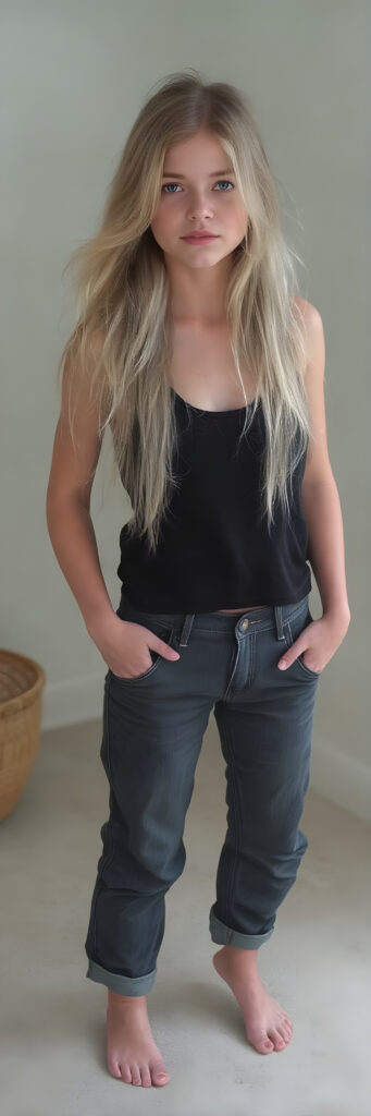 A (((full body image))) of a (((cute young babe))), age 18, with flowing (((long, white and blonde hair))), (((blue eyes))), and (((perfectly proportioned features))), dressed in a (((black thin tank top))), (((jeans pants))). The image captures her bare feet, showcasing her ((perfectly pedicured feet)). The soft, natural lighting accentuates her youthful beauty and the intricate details of her feet and legs.