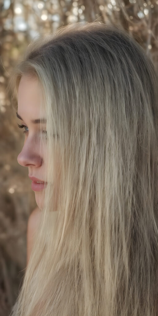 A (((full body image))) of a (((power girl))) with (((long, straight, thick, untucked natural white golden blonde hair))), framed by her (((natural skin))), which blends seamlessly into a (((softly detailed, intricate outdoor background))), capturing an (((8K resolution, ultra high definition image))), with a (((full color palette))), evoking a sense of (((hyperrealism))). The scene is highly detailed, with (((optical patterns and texture at the edge of her hair))) that mimic the look of natural light catching on her skin, giving off a glowing (((golden, warm glow))) that emphasizes her as an outdoor powerhouse