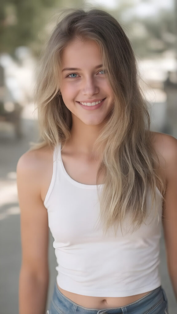 A (((full body view))) of a (((cute petite teen girl))), with long, soft (((wavy blonde hair))), gently waving with natural movement, dressed in a (((tight white (((cropped tank top))), and ((short denim jeans)), perfectly poised to convey a sense of youthful vitality and beauty at a (skinny yet muscular) 16-year-old level, her smile reflecting pure cuteness, beautifully hyper detailed to emphasize her (perfect curved body) amidst a backdrop of a sunny summer day