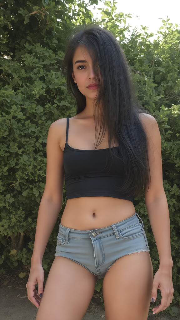 A (((full body view from above of a (((cute young tanned well-busty teen girl))) with long, flowing (((black hair))), framed by her (((skinny yet perfectly proportioned figure))), showcasing her (perfectly toned thighs and (beautifully shaped full hips and bum) in a (tight tank top and (trencher shorts - a cropped top and tight denim shorts)) (((standing confidently))) against (sunny, green backdrop)