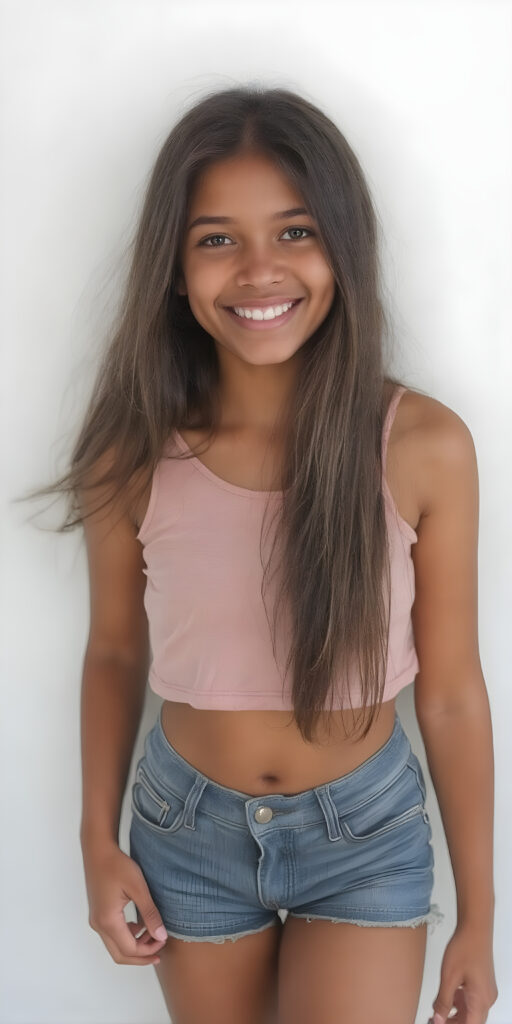 A (((full body portrait))), with intricate details, capturing a (((beautiful young Exotic teen girl))) standing confidently in front of a (plain white wall), looking directly at the viewer. Her attire is a very short ((cotton crop top)), with the sleeves cut off, and she wears a tight ((short denim jean shorts)). Her (skin is brown), with a (moderately imperfect complexion) that exudes an air of youthful confidence. Her (long, thick brown hair) cascades down her back in a (soft, gentle cascade). She's (smiling happily)), with (perfect, naturally white teeth) that exude an air of youthful vibrancy. Captured in a (very high resolution, 8K photograph) that exudes an (extremely fine detail) on her face and throughout the scene