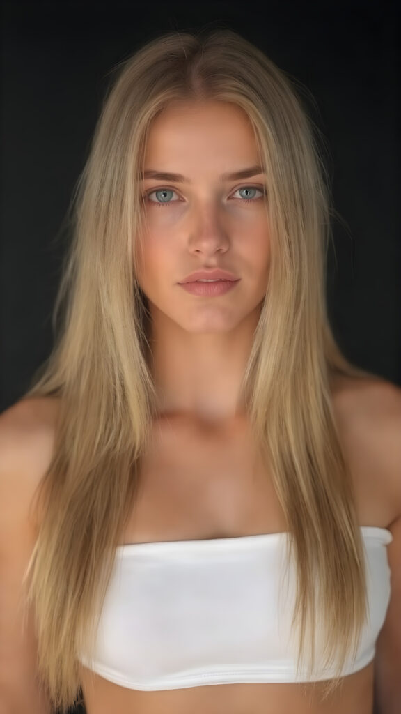 A (((full body view))), (((straight, long, thick, untucked natural white golden blonde hair))), which frames her ((slender, athletic, yet softly proportioned figure)), with a ((white off-the-shoulder crop top)) and ((realistic, detailed skin)), that complements her ((natural, warm tones)), and a ((black, empty backdrop)), in a ((cinematic warm tone) lighting) that highlights her face and hair, suggesting a (high-quality, professional lighting) on a (super-realistic, high-resolution set)