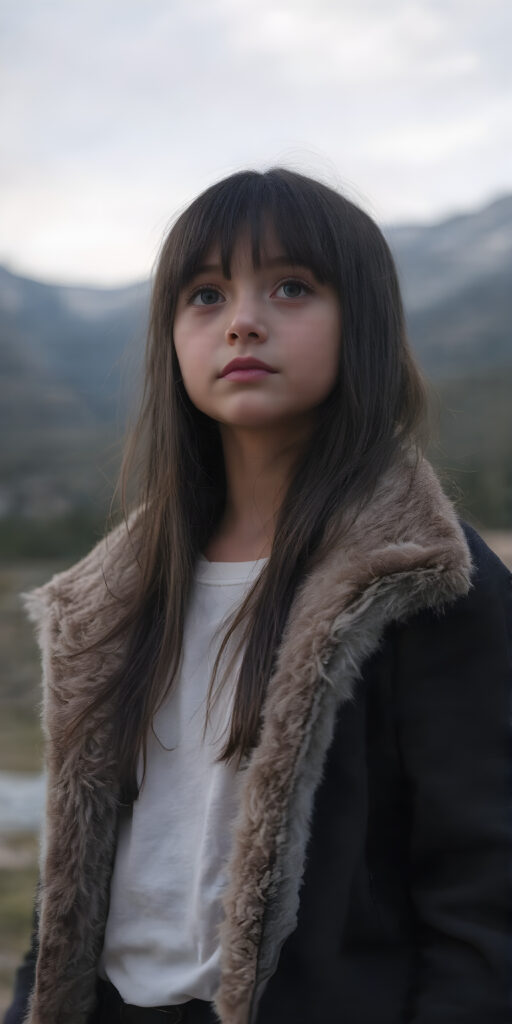 A (((full body shot))) of a beautiful young girl, wearing a sleek ((jacket)) that's open at the top, revealing a ((white t-shirt)) underneath it. The jacket is made of soft, fluffy ((black fur)) with a thin, ((brown leather trim)) and ((purple suede)) accents. She has ((long, straight soft black hair)) that reaches just past her shoulders. The girl is ((looking up at the camera)) in a softly (dusk-filled) mountain setting, with ((the stars just appearing to twinkle)) in the sky above her