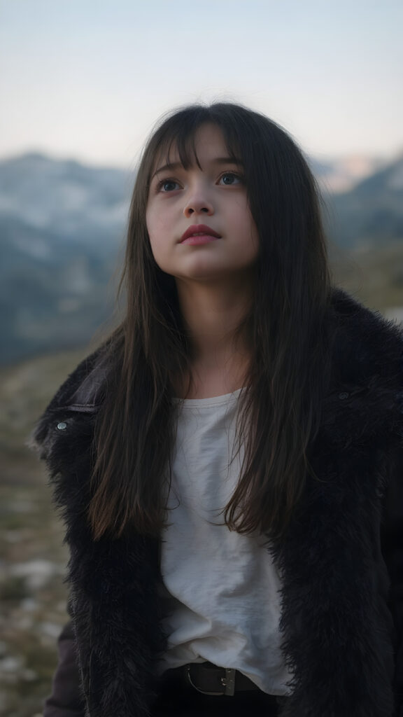 A (((full body shot))) of a beautiful young girl, wearing a sleek ((jacket)) that's open at the top, revealing a ((white t-shirt)) underneath it. The jacket is made of soft, fluffy ((black fur)) with a thin, ((brown leather trim)) and ((purple suede)) accents. She has ((long, straight soft black hair)) that reaches just past her shoulders. The girl is ((looking up at the camera)) in a softly (dusk-filled) mountain setting, with ((the stars just appearing to twinkle)) in the sky above her