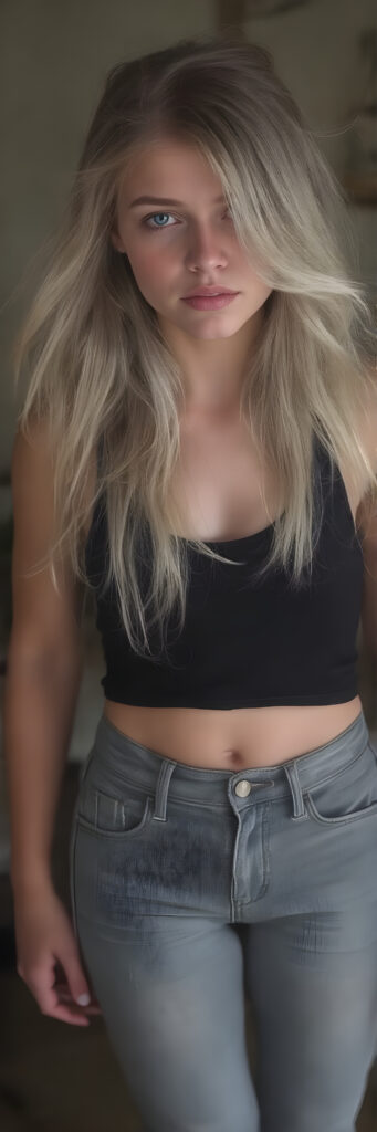 A (((full body image))) of a (((cute young babe))), age 18, with flowing (((long, white and blonde hair))), (((blue eyes))), and (((perfectly proportioned features))), dressed in a (((black thin tank top))), (((jeans pants))). The image captures her bare feet, showcasing her ((perfectly pedicured feet)). The soft, natural lighting accentuates her youthful beauty and the intricate details of her feet and legs.