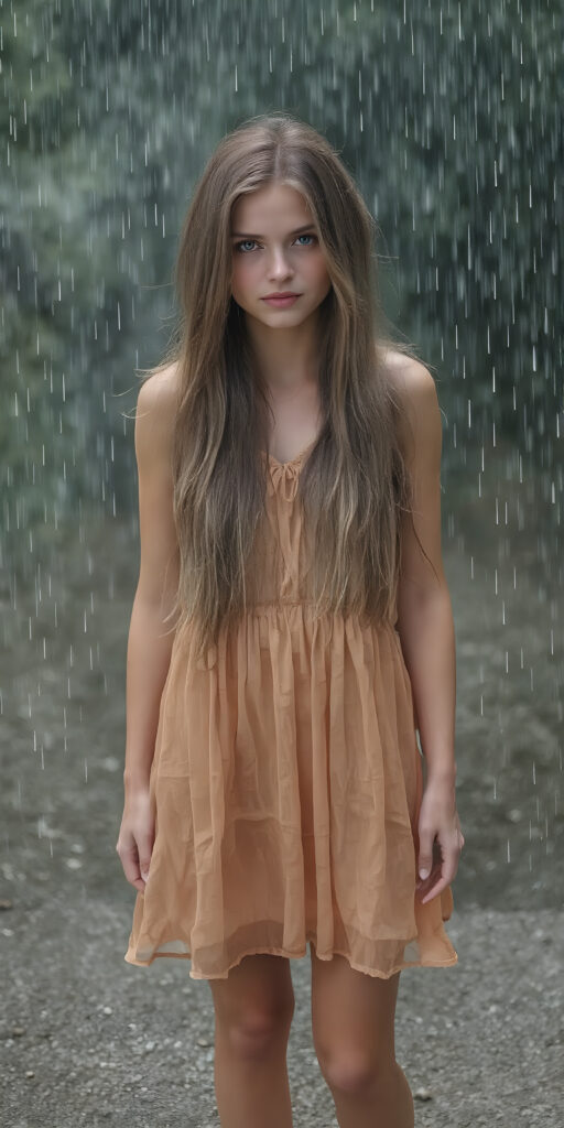A (((full-body photograph))) of a (((beautiful girl))) with long, (((straight, thickly wavy hair))), and piercingly blue eyes, standing confidently amidst a (((heavy rain))) that completely covers her body, drenching her in a flowing summer dress that clings to her curves in all the right places and accentuates her naturally toned legs
