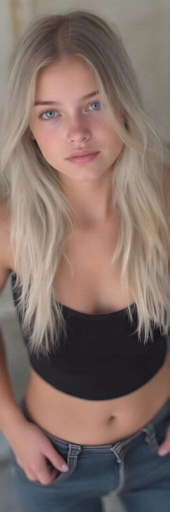 A (((full body image))) of a (((cute young babe))), age 18, with flowing (((long, white and blonde hair))), (((blue eyes))), and (((perfectly proportioned features))), dressed in a (((black thin tank top))), (((jeans pants))). The image captures her bare feet, showcasing her ((perfectly pedicured feet)). The soft, natural lighting accentuates her youthful beauty and the intricate details of her feet and legs.