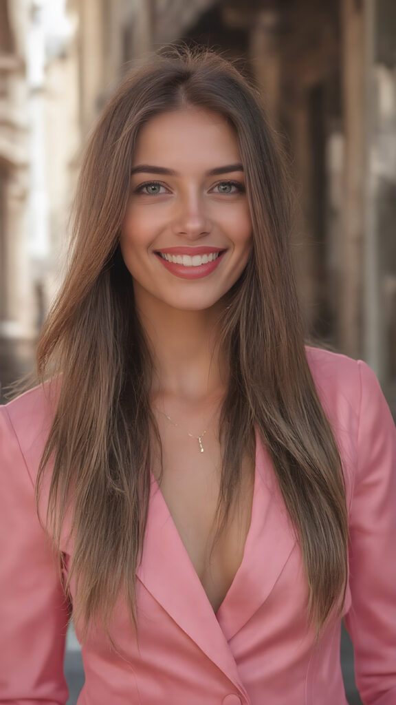 A (((full body shot))) of a (((beautiful girl))), with luxuriously flowing (((very long, straight light brown hair))), (intricate details around her eyes) that capture the light in a (dazzlingly bright and inviting glow), dressed in a ((modern, seductive pink silk blazer)), (highly detailed, seductive poses) that convey a sense of (fantasy sophistication). Her smile is wide and seductive, with perfectly (white teeth), and her lips are full and painted in (bright red lipstick). She wears elegant jewelry that catches the light, accessorizing in a way that complements her overall look. Her dress is made of (soft silk, in a luxurious round neckline and slit details) that give off a sense of (seduction). The backdrop is a beautiful, sunny street in Europe, where the architecture is ((intricate and elegant))