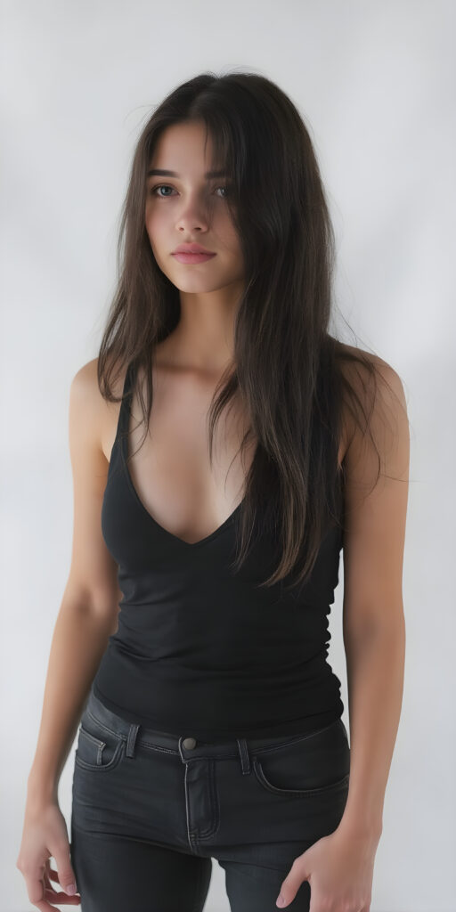 A (((full body image))) showcasing a beautifully busty (((teen girl with long, flowing black/white hair))), who exudes a sense of youthful vitality. Her legs and feet are exceptionally, with intricate details that match the high resolution and clarity of the overall image. She wears a (((a black/white thin tank top, deep v-neck, that emphasizes her slender and athletic form))). The low cut tank top provides a hint of a sculpted six pack and reveals her toned legs and toned feet. She wears the tank top with a matching pair of (((jeans pants))). The soft, natural lighting accentuates her youthful beauty. Standing in front of a white/black backdrop, side view