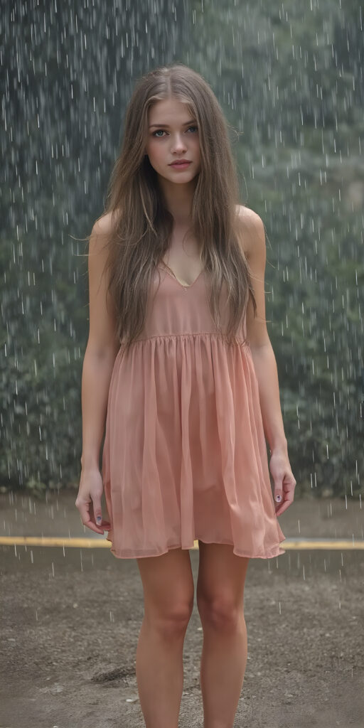 A (((full-body photograph))) of a (((beautiful girl))) with long, (((straight, thickly wavy hair))), and piercingly blue eyes, standing confidently amidst a (((heavy rain))) that completely covers her body, drenching her in a flowing summer dress that clings to her curves in all the right places and accentuates her naturally toned legs