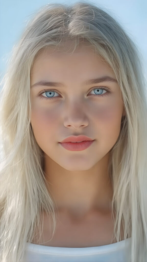A (((full-body shot))) of a beautiful young adult girl, with (((extremely long, straight white hair (the hair extends far beyond her shoulders and flows down to her waist) and piercing blue eyes that reflect the sunlight around her face. She has (((perfectly sculpted white teeth, visible when she smiles. Her lips are full and painted in a (((bright red color) that accentuates her face. She wears a ((short tight white top)) and a ((white skirt that adds a touch of elegance and refinement. The girl poses (((against a backdrop of a (clear sunny sky))). The focus is on her face and shoulders, full body view. Perfect anatomy. Flawless skin. (((The girl has a flawless complexion and appears to be healthy and happy. Her hair is long, straight, smooth and shiny. The sun's rays shine on her face, illuminating any imperfections and highlights of her skin. The girl is fashionable dress, the outfit accentuates her youthful and innocent beauty.