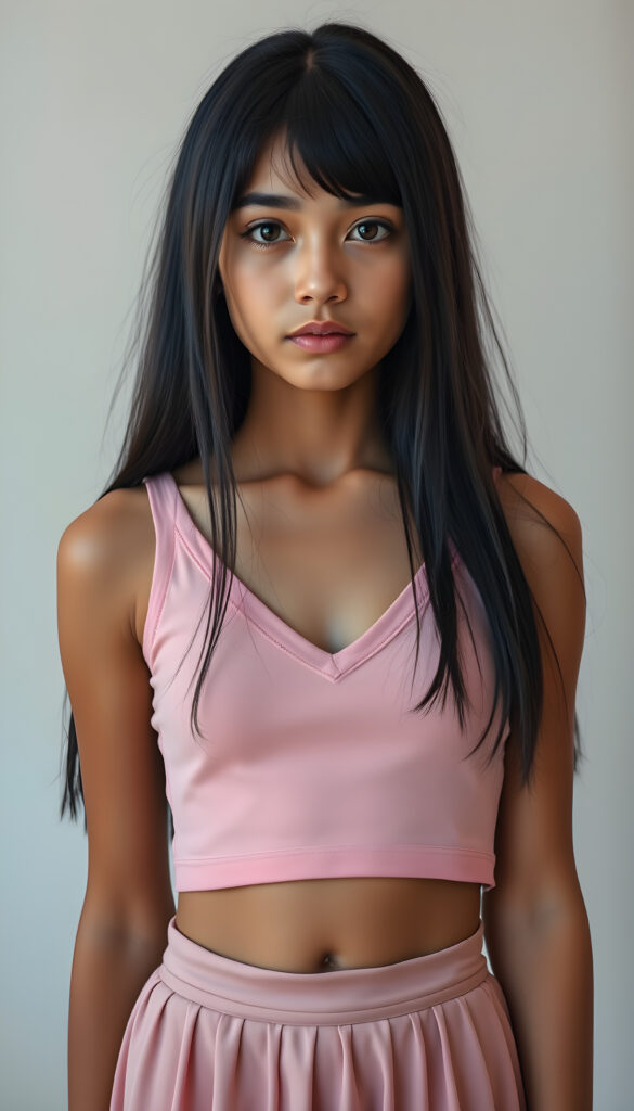 A (((full body shot))) of a (((super sweet and adorable adult petite Arab teen girl))) ((straight smooth obsidian black hair)) in a (deep v-neck) pink cropped tank top, and (tapered skirt) that convey a sense of (softness and elegance). Her complexion is (light brown), with (palely beautiful skin) that exudes a (healthy glow). She has a cute round belly button. Her expression is one of pure (cuteness) and she stands in a (softly backlit) position, facing the viewer with a (flawlessly smooth and detailed texture) that gives off a (fantastical, surrealistic atmosphere) reminiscent of a (fine art photograph)