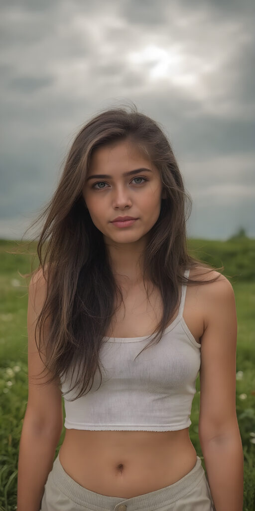 A (((full body shot))) of a (((beautiful sleek teenage girl))), with ((long, wavy dark brown hair)), and ((perfect-fit body)), dressed in a ((short cropped white tank top)), paired with a ((mini skirt)), posing confidently on a (green meadow), under a ((dark, overcast sky)) where the sun is peeking through the clouds, giving off a (dramatic, almost surreal atmosphere) that hints at an impending storm