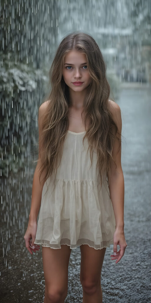 A (((full-body photograph))) of a (((beautiful girl))) with long, (((straight, thickly wavy hair))), and piercingly blue eyes, standing confidently amidst a (((heavy rain))) that completely covers her body, drenching her in a flowing summer dress that clings to her curves in all the right places and accentuates her naturally toned legs
